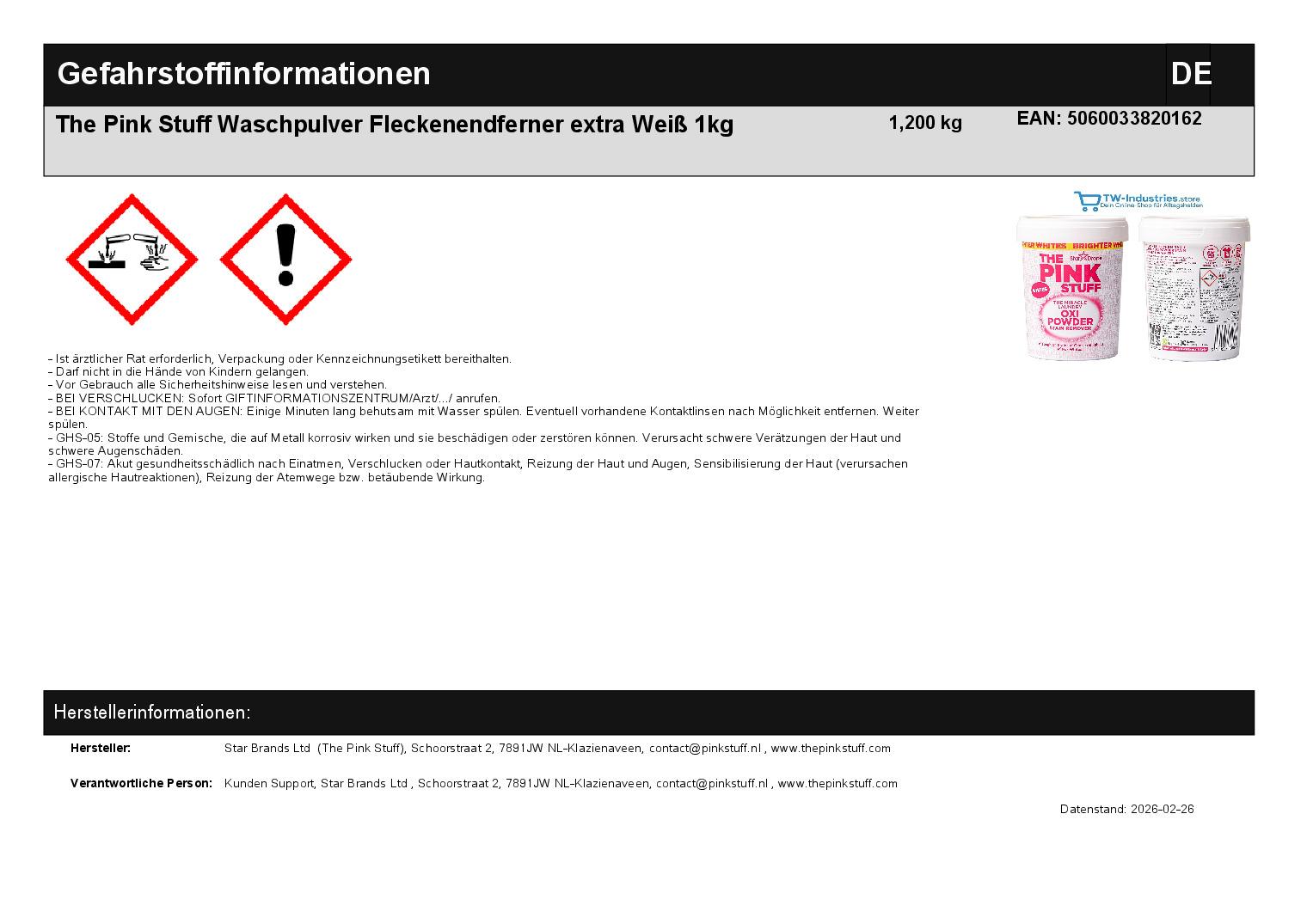The Pink Stuff Waschpulver Fleckenendferner extra Wei� 1kg