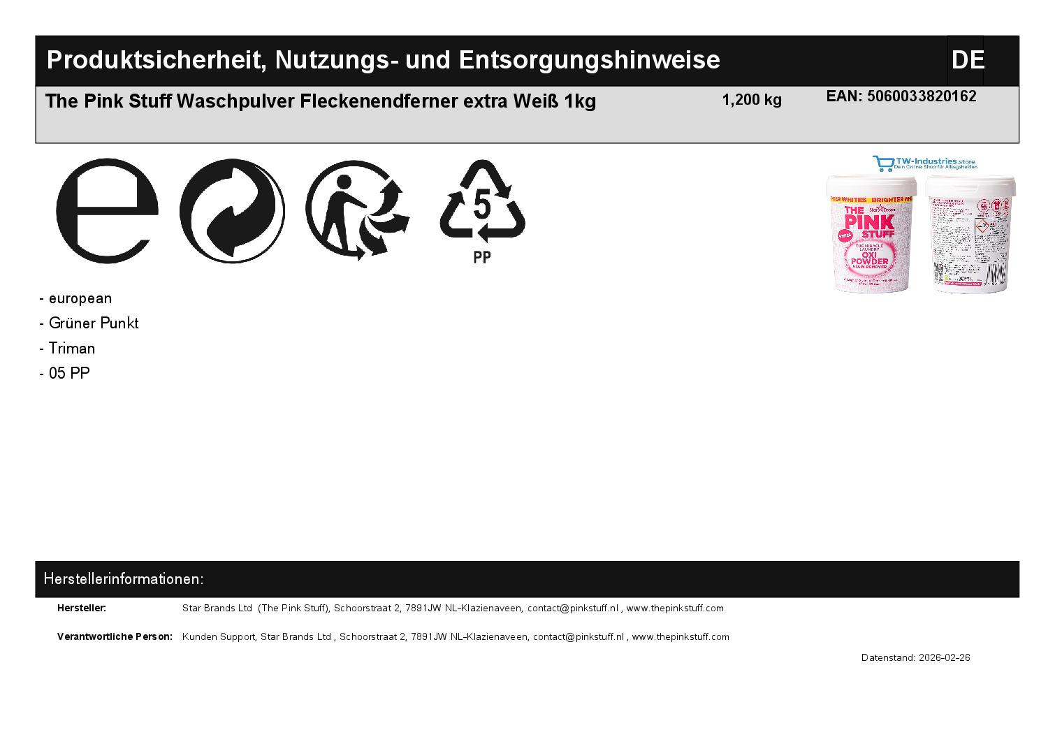 The Pink Stuff Waschpulver Fleckenendferner extra Wei� 1kg
