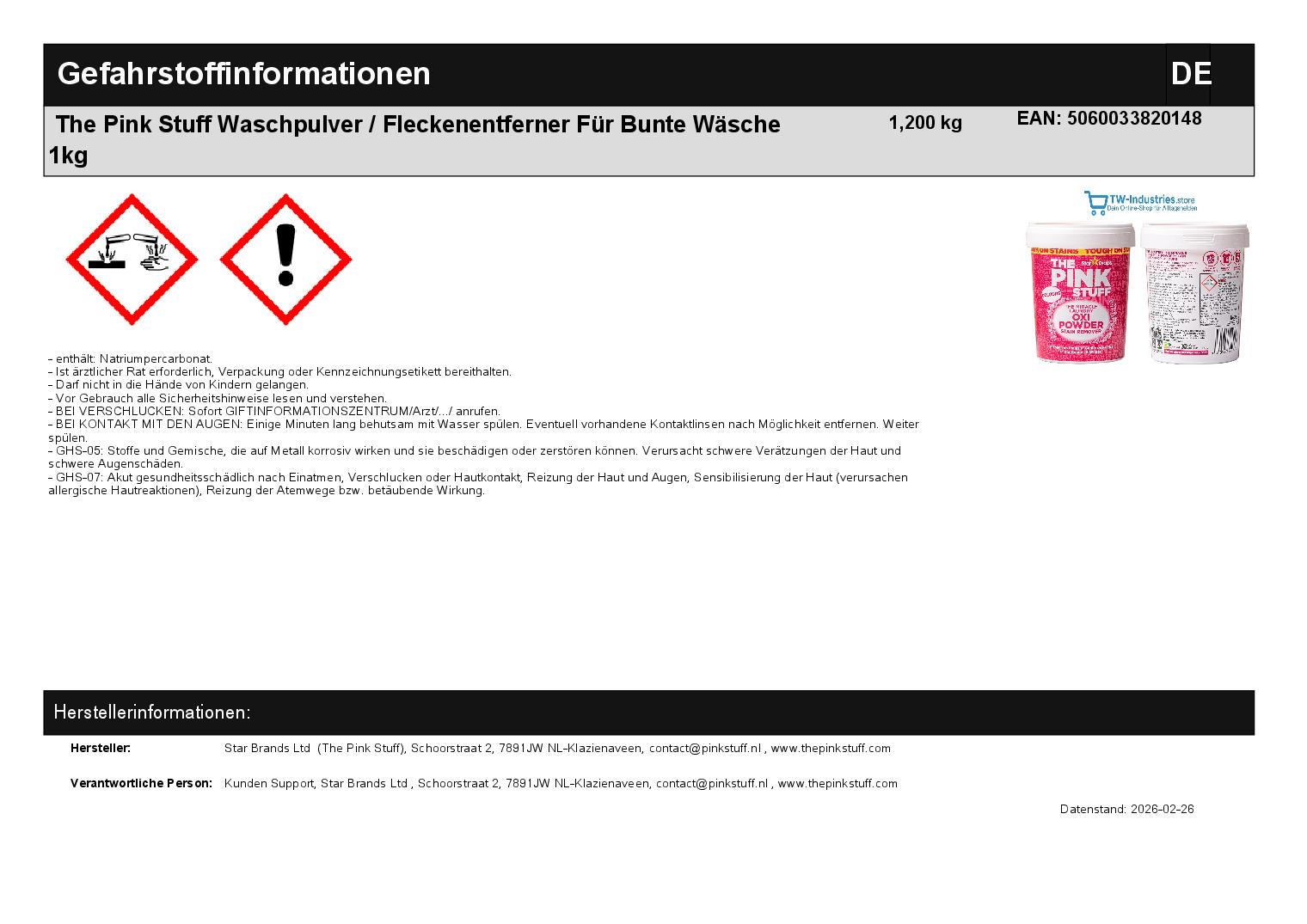 The Pink Stuff Waschpulver / Fleckenentferner F�r Bunte W�sche 1kg