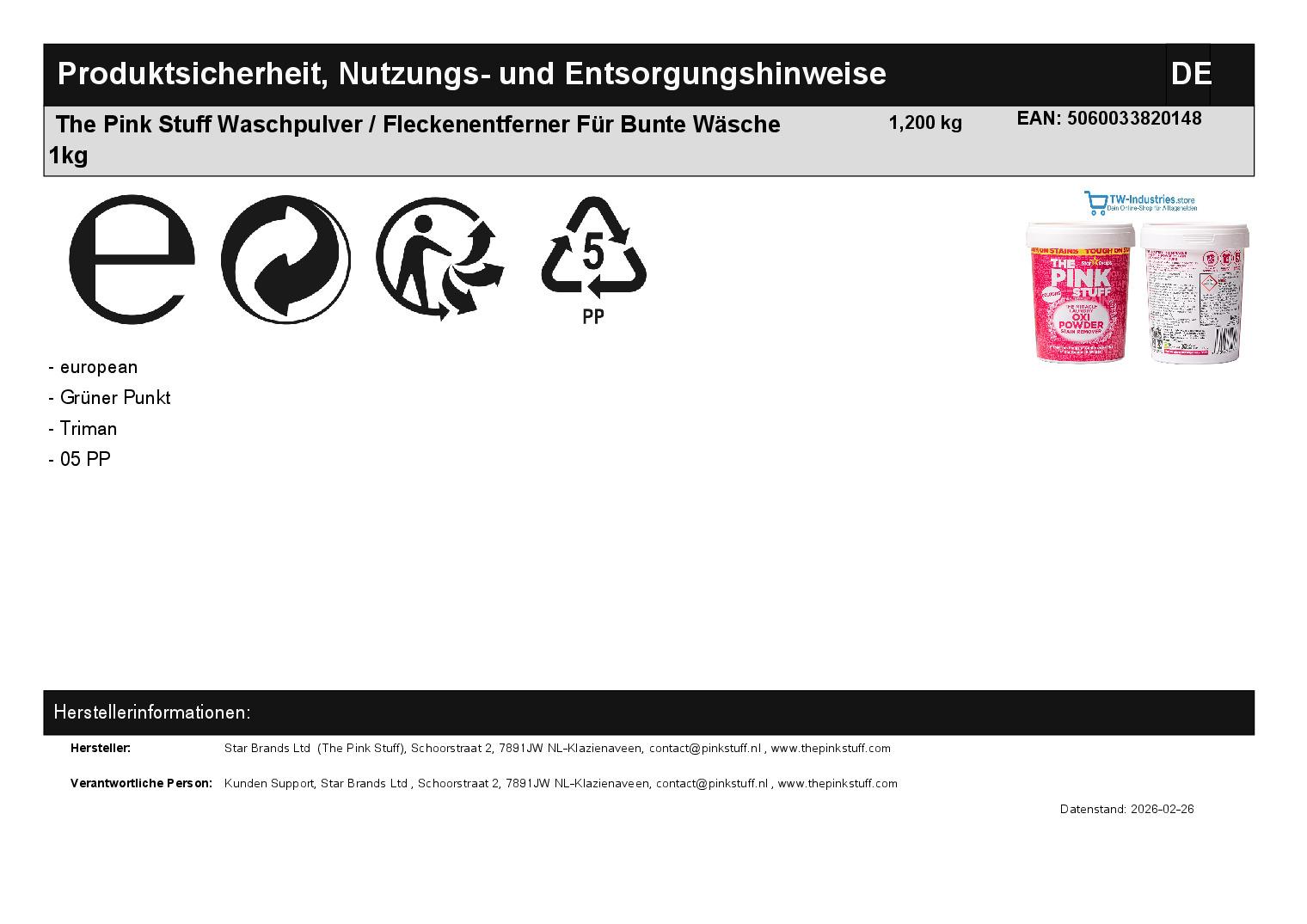 The Pink Stuff Waschpulver / Fleckenentferner F�r Bunte W�sche 1kg
