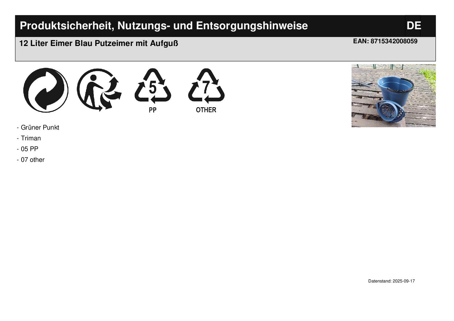 12 Liter Eimer Blau Putzeimer mit Aufgu�