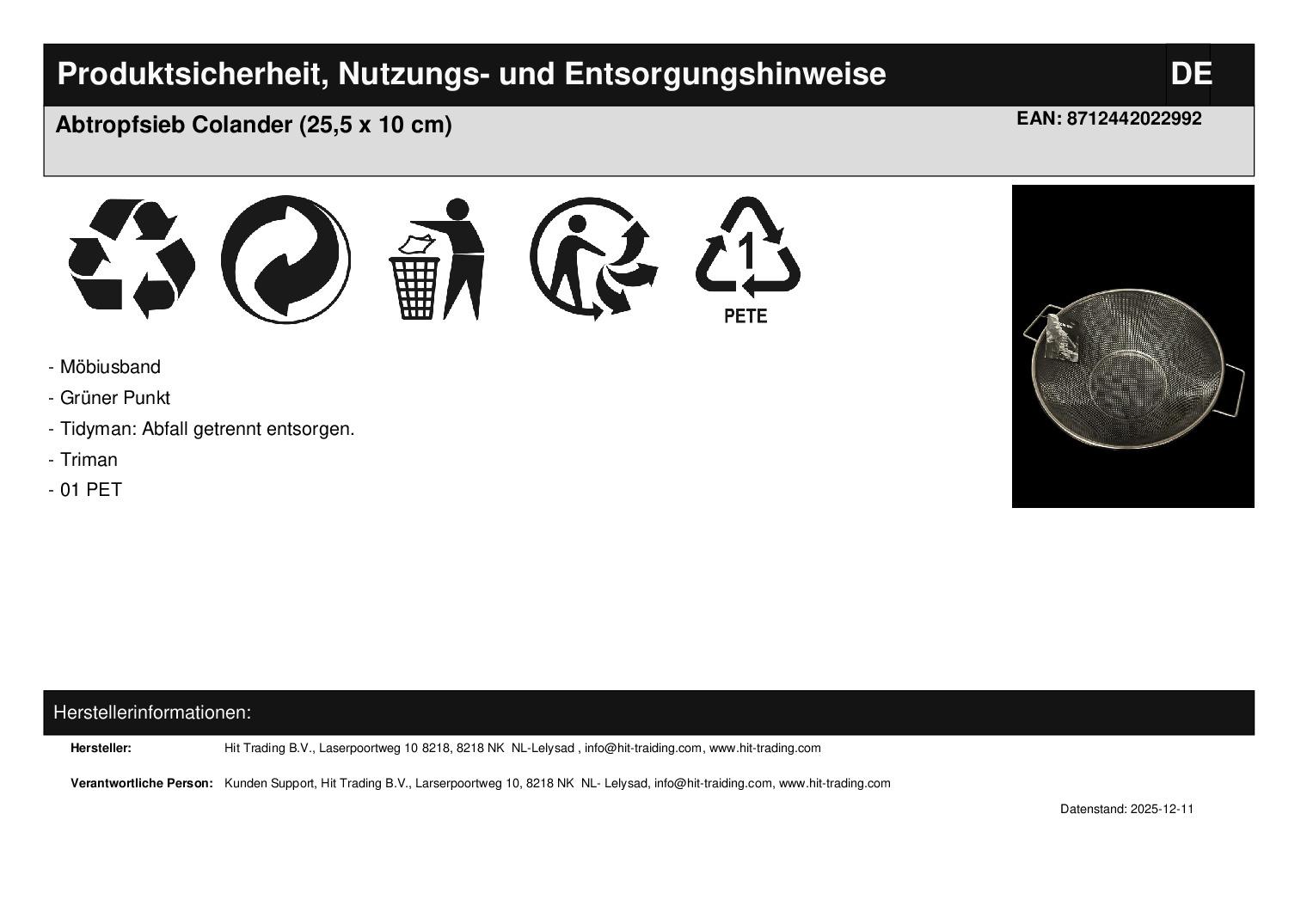 Abtropfsieb Colander (25,5 x 10 cm)