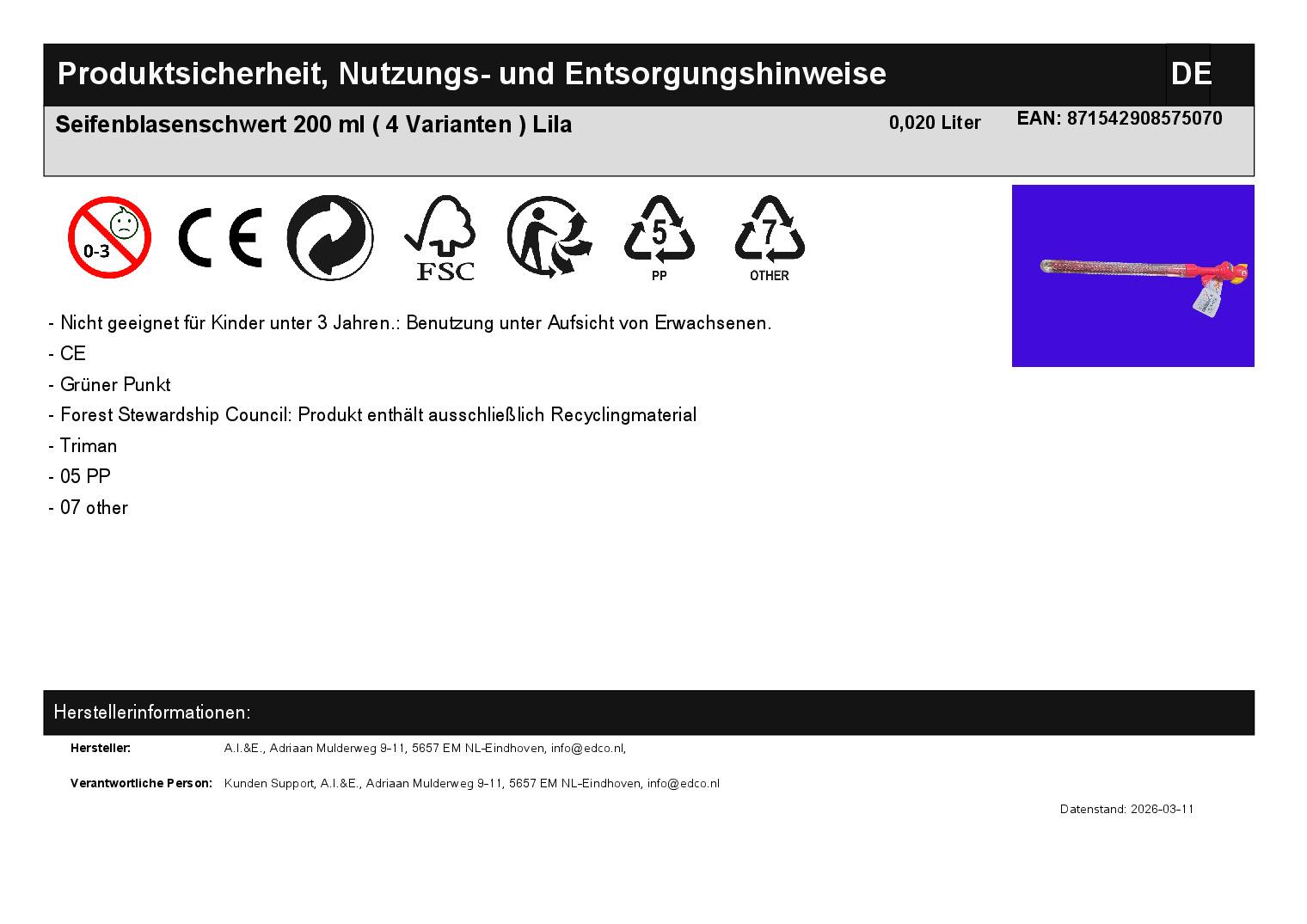 Seifenblasenschwert 200 ml ( 4 Varianten ) Lila