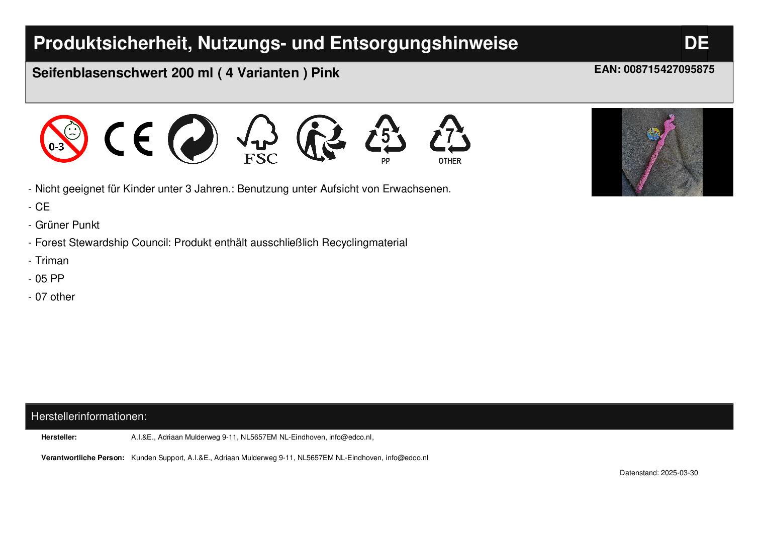 Seifenblasenschwert 200 ml ( 4 Varianten ) Pink