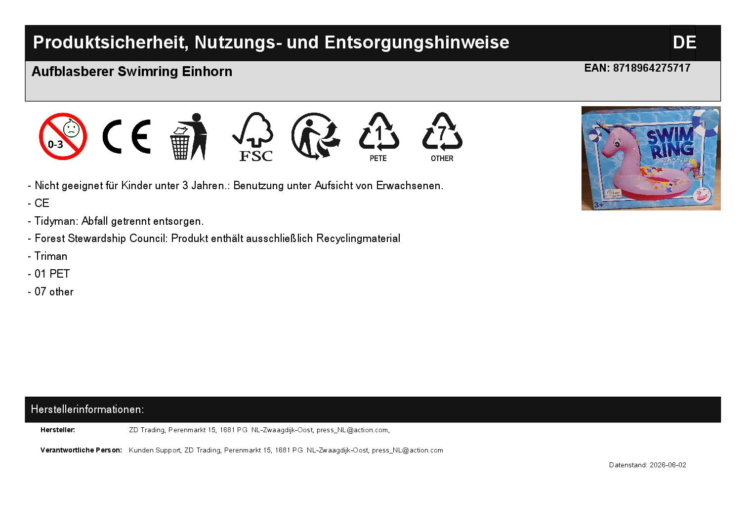 Aufblasberer Swimring Einhorn