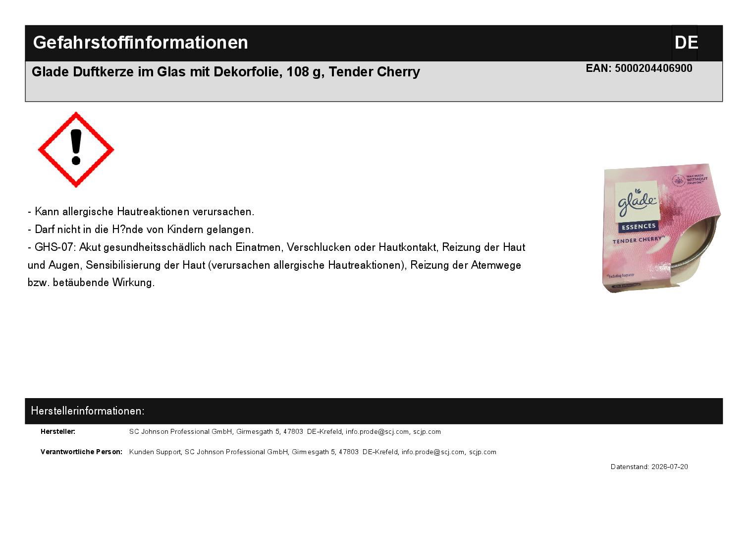 Glade Duftkerze im Glas mit Dekorfolie, 108 g, Tender Cherry