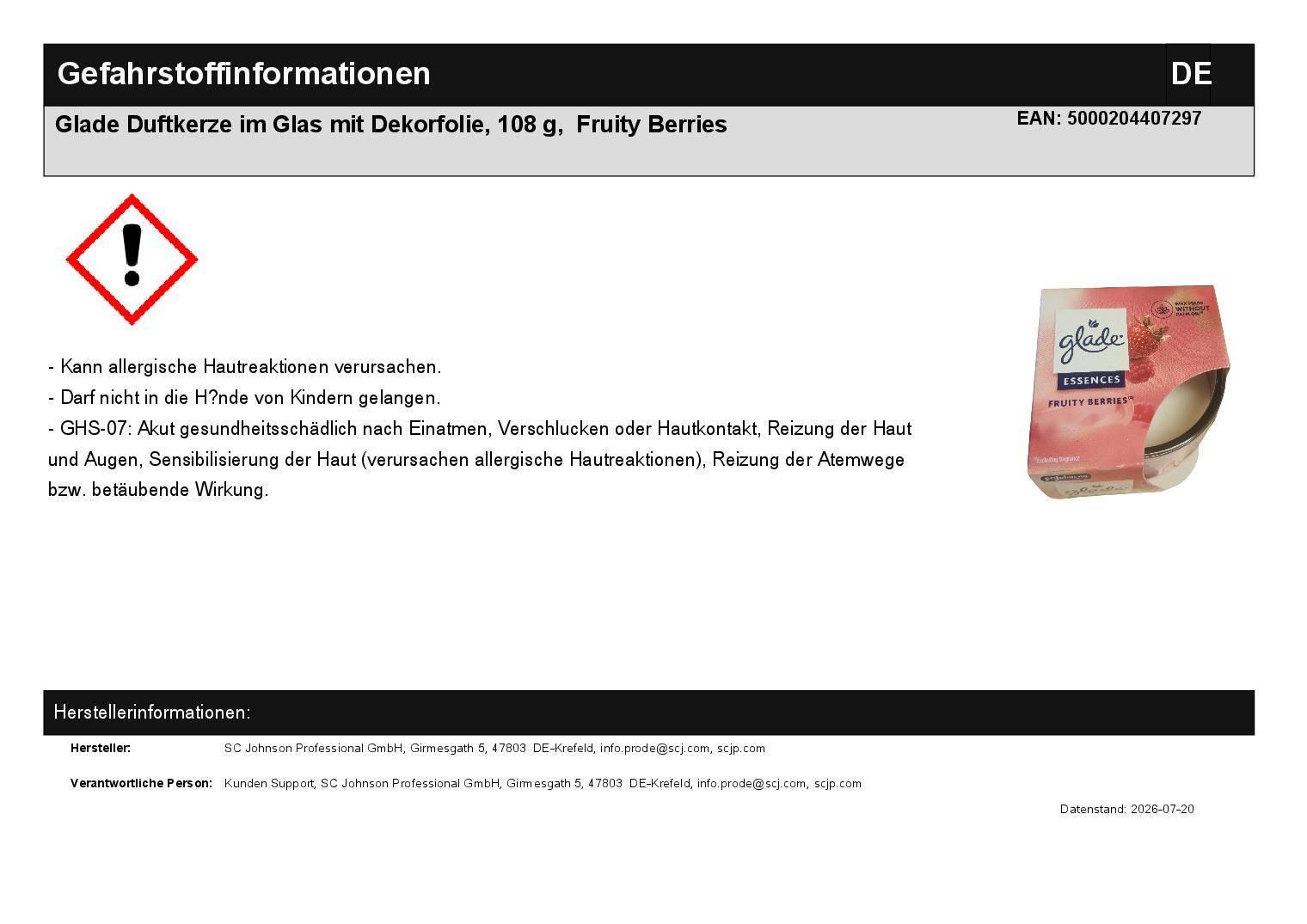 Glade Duftkerze im Glas mit Dekorfolie, 108 g,  Fruity Berries