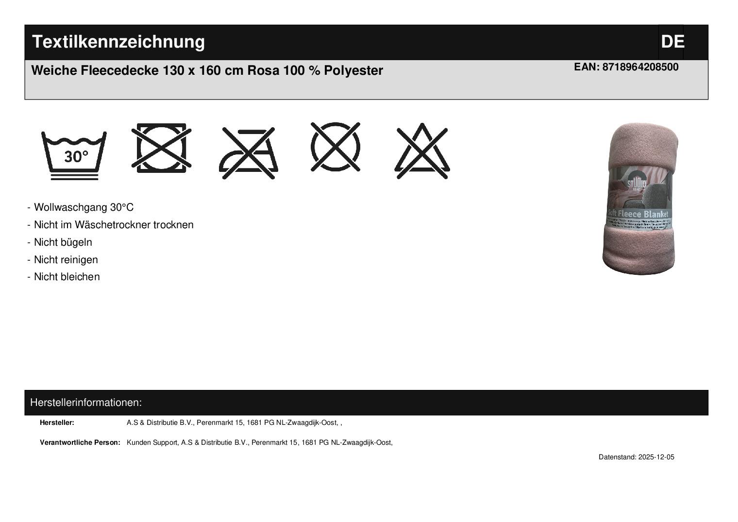 Weiche Fleecedecke 130 x 160 cm Rosa 100 % Polyester