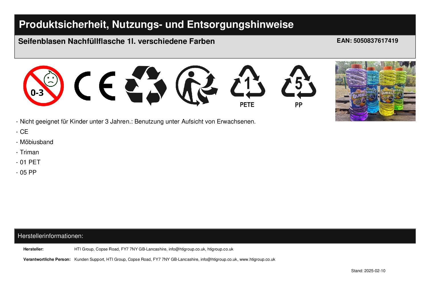 Seifenblasen Nachf�llflasche 1l. verschiedene Farben