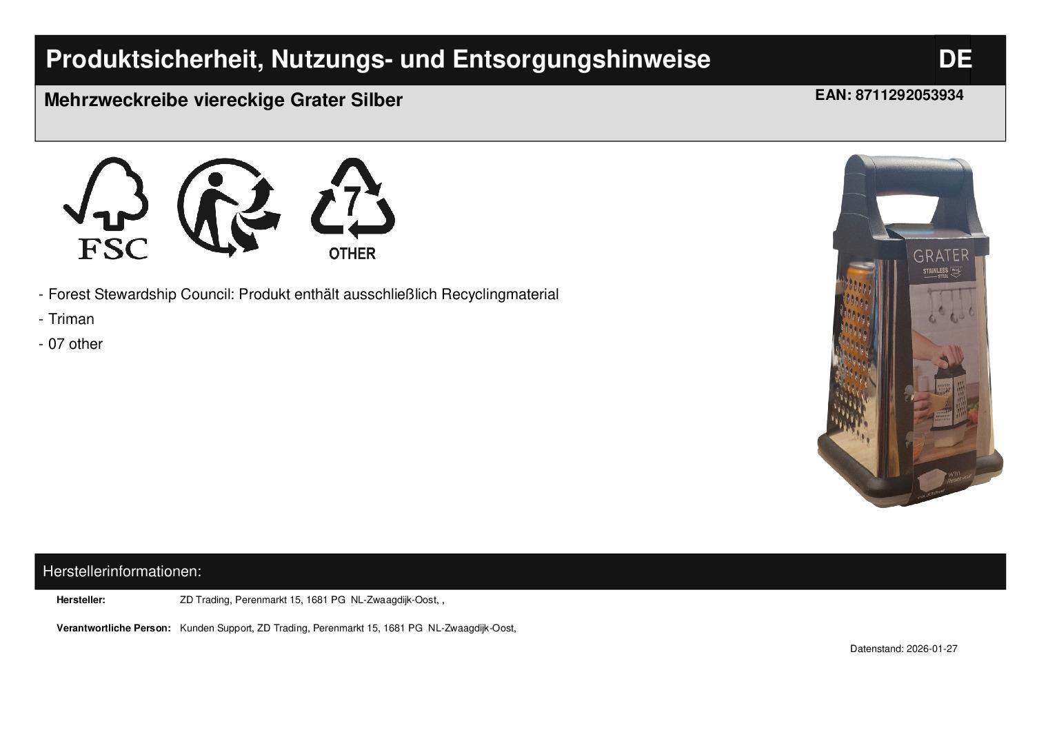 Mehrzweckreibe viereckige Grater Silber 