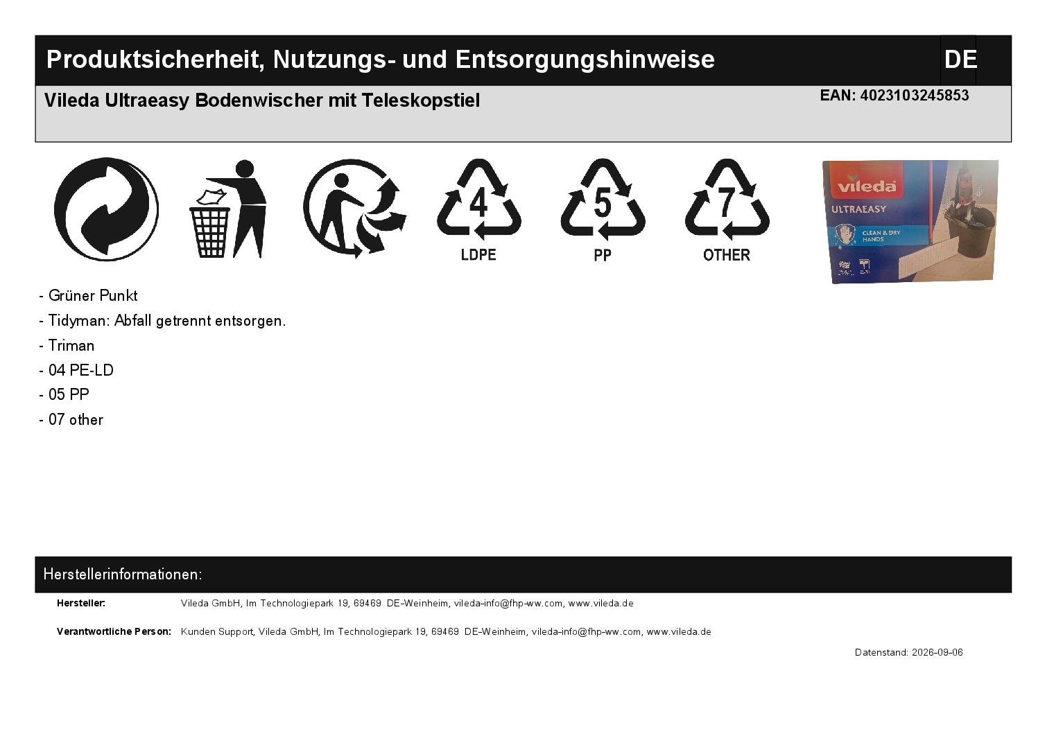 Vileda Ultraeasy Bodenwischer mit Teleskopstiel