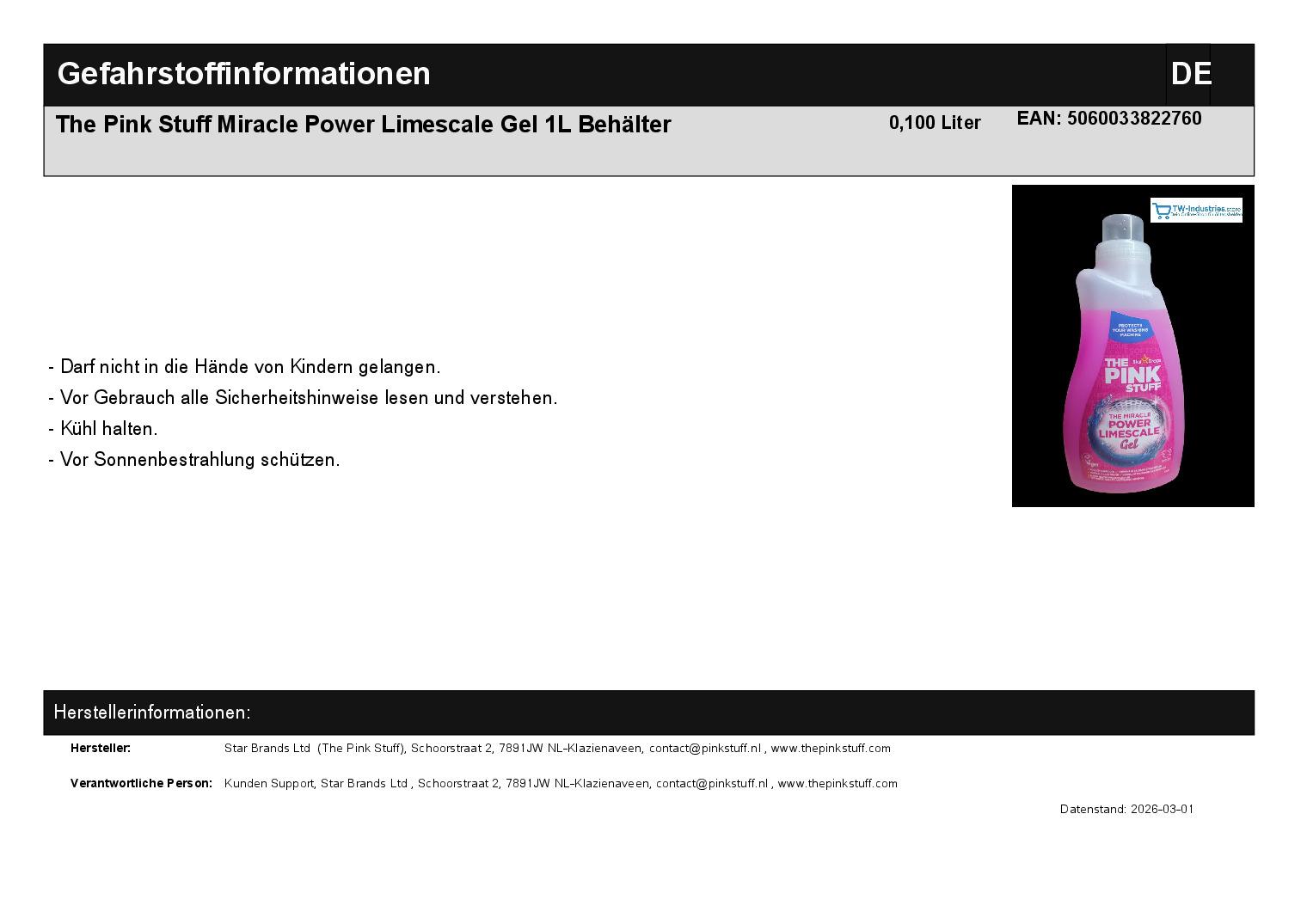 The Pink Stuff Miracle Power Limescale Gel 1L Beh�lter