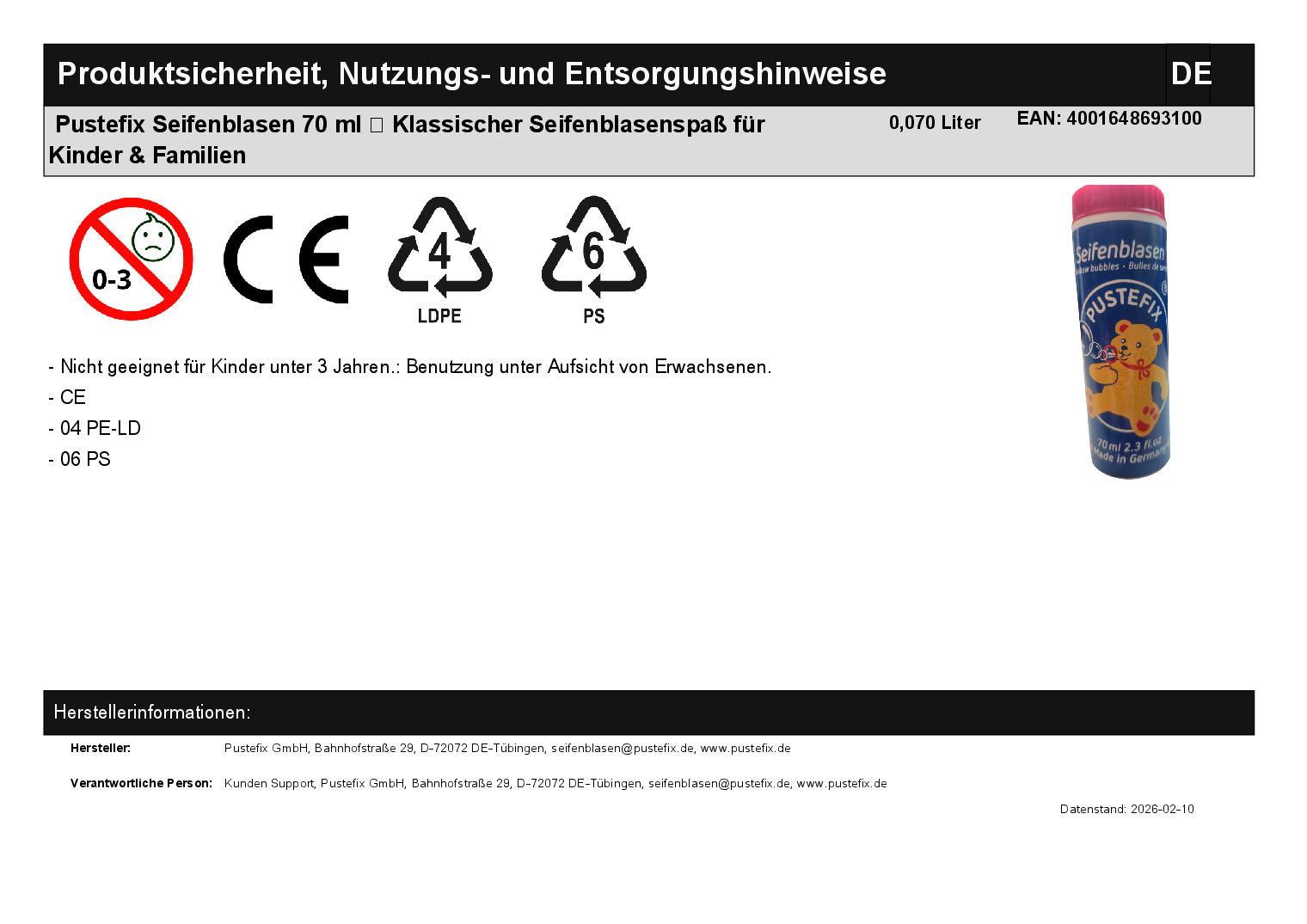 Pustefix Seifenblasen 70 ml � Klassischer Seifenblasenspa� f�r Kinder & Familien