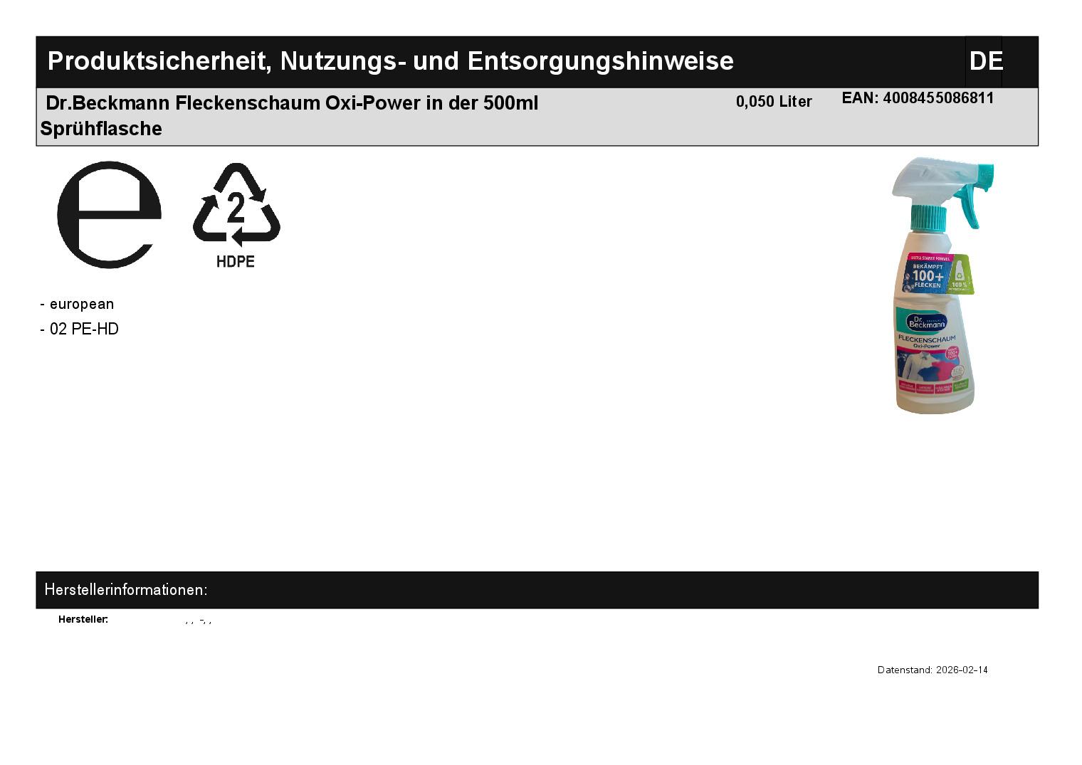 Dr.Beckmann Fleckenschaum Oxi-Power in der 500ml Spr�hflasche