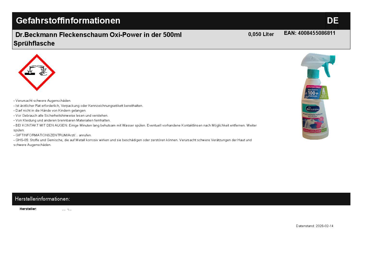 Dr.Beckmann Fleckenschaum Oxi-Power in der 500ml Spr�hflasche