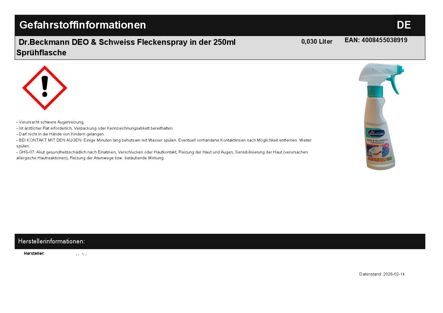 Dr.Beckmann DEO & Schweiss Fleckenspray in der 250ml Spr�hflasche