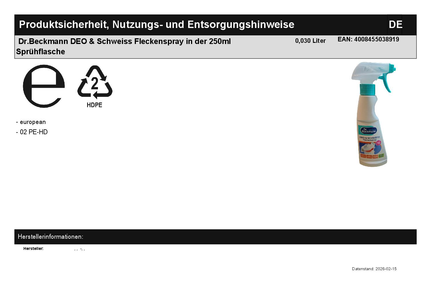 Dr.Beckmann DEO & Schweiss Fleckenspray in der 250ml Spr�hflasche