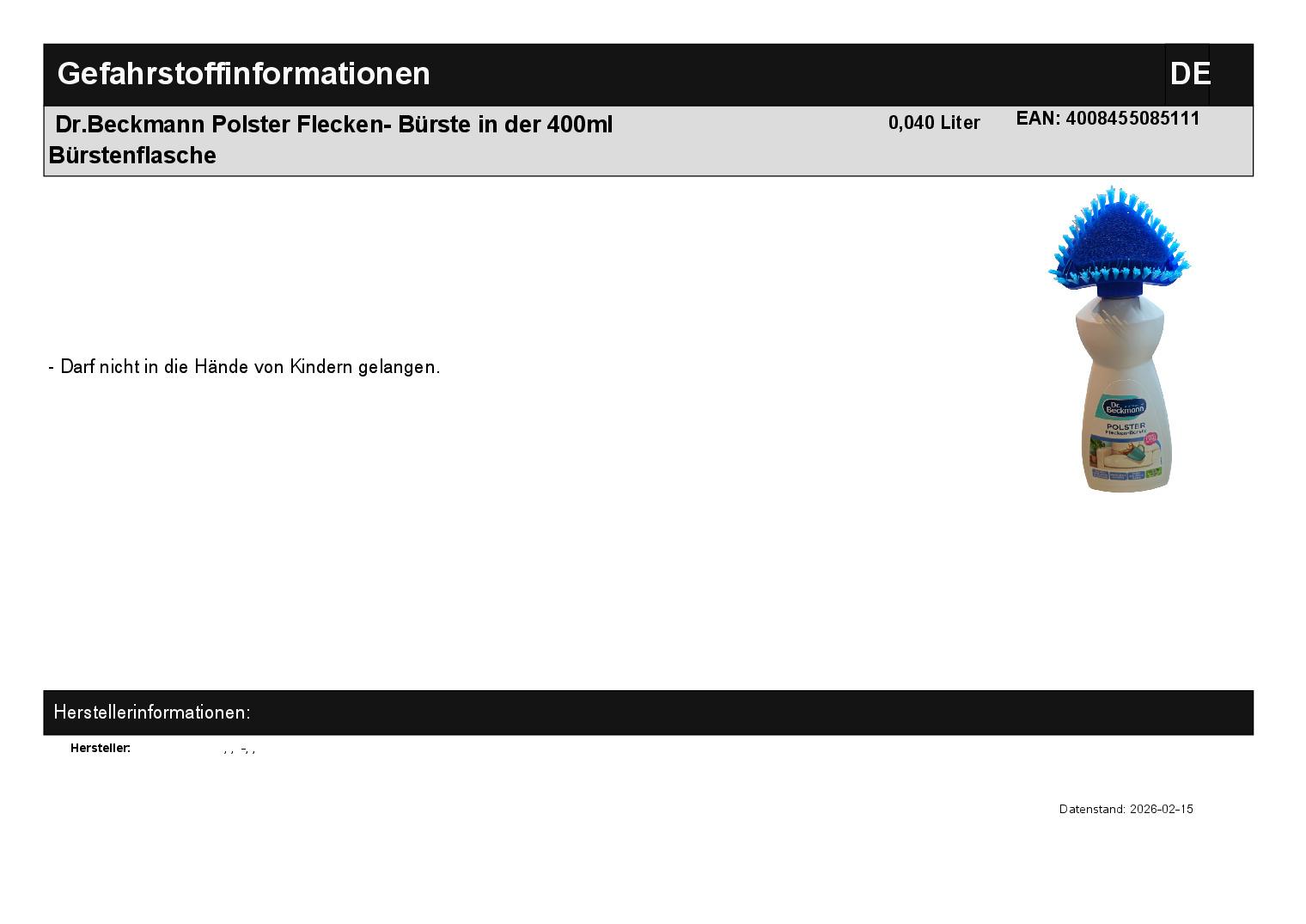 Dr.Beckmann Polster Flecken- B�rste in der 400ml B�rstenflasche