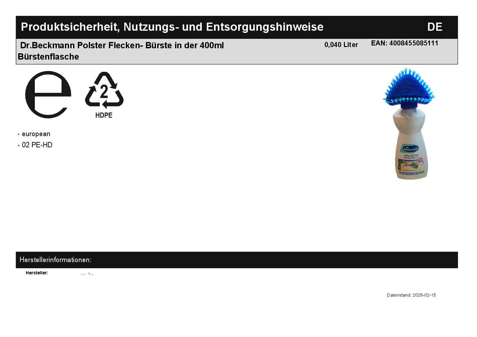 Dr.Beckmann Polster Flecken- B�rste in der 400ml B�rstenflasche