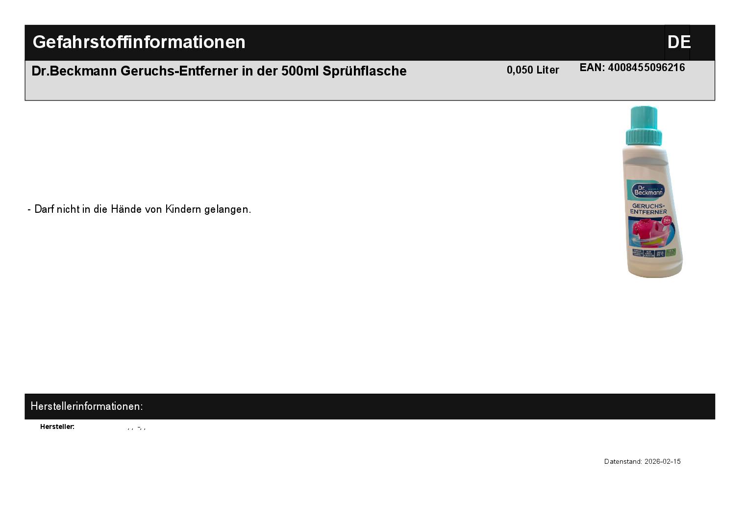 Dr.Beckmann Geruchs-Entferner in der 500ml Spr�hflasche