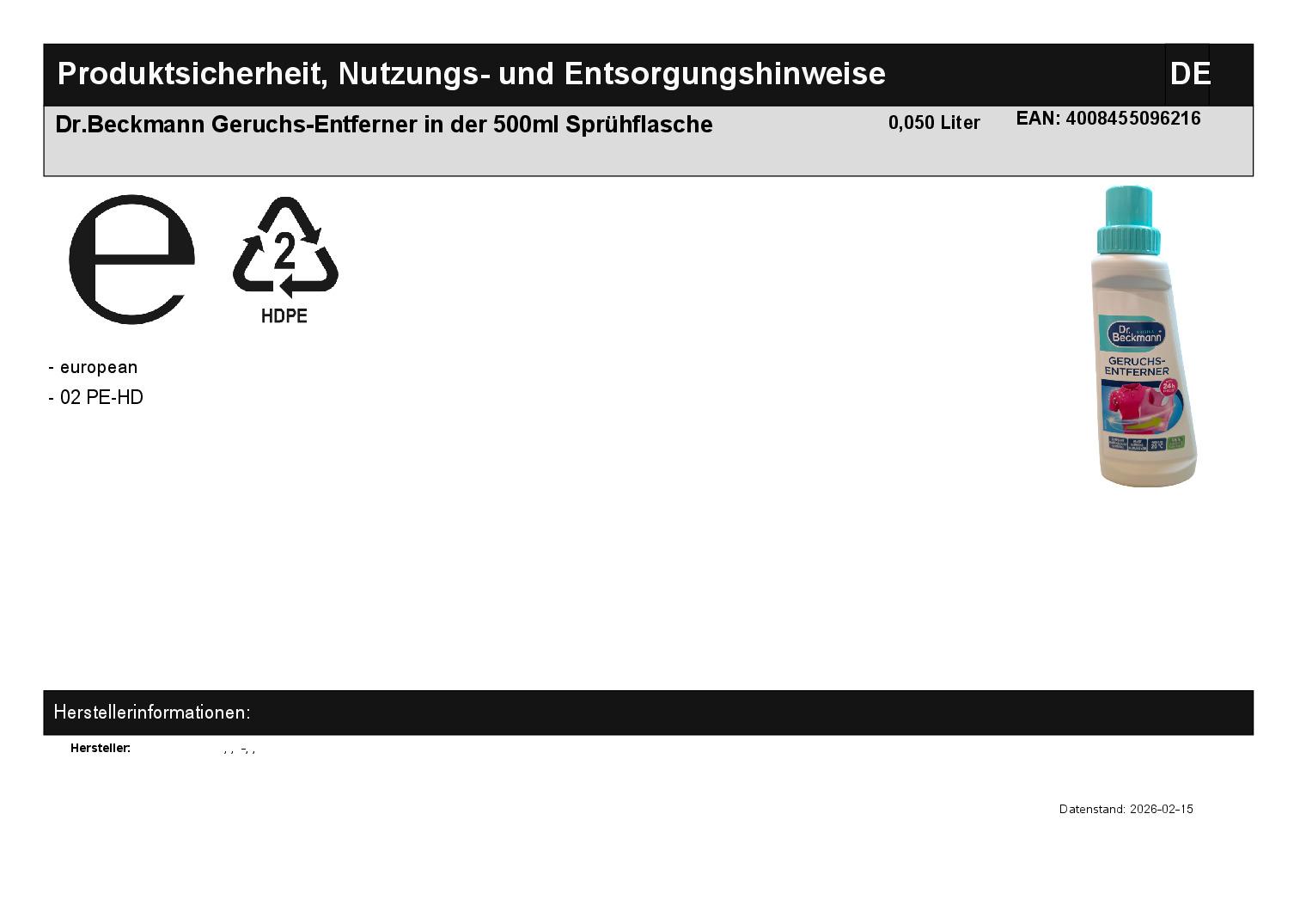 Dr.Beckmann Geruchs-Entferner in der 500ml Spr�hflasche