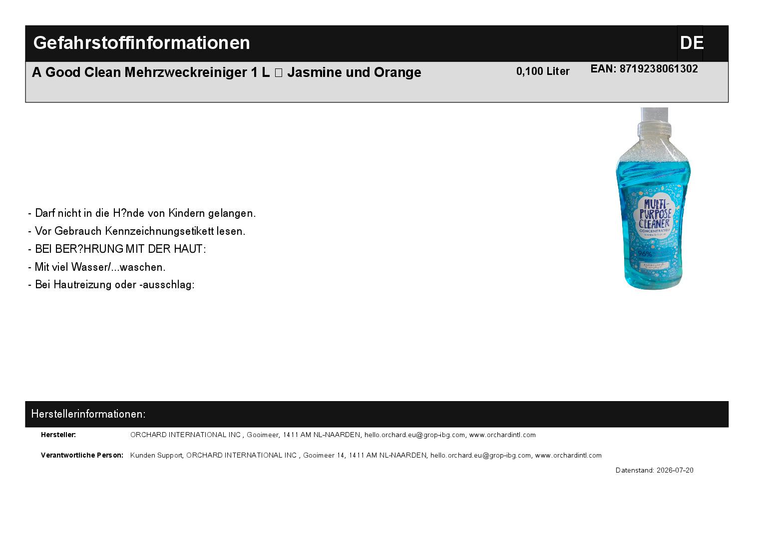 A Good Clean Mehrzweckreiniger 1 L � Jasmine und Orange