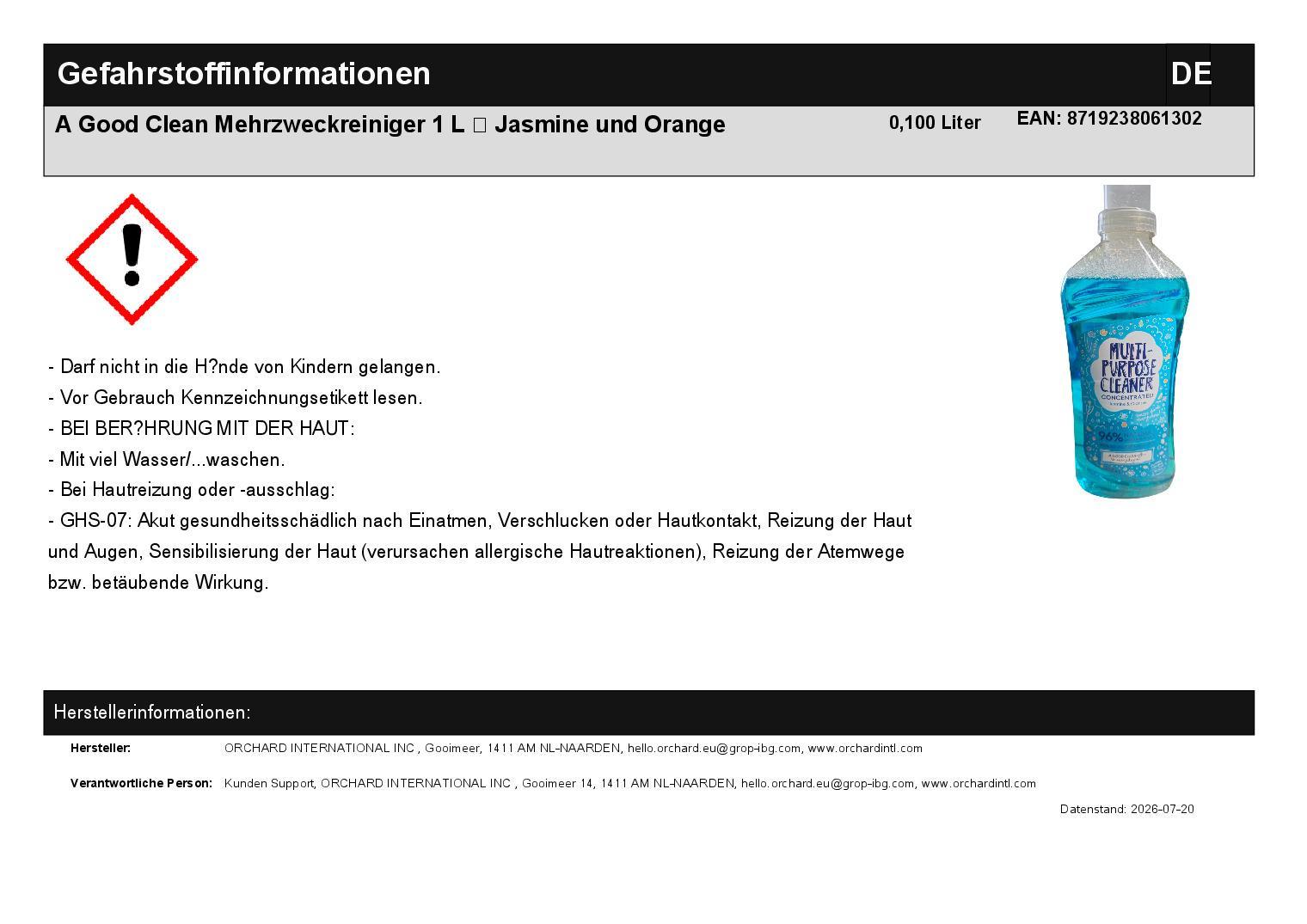 A Good Clean Mehrzweckreiniger 1 L � Jasmine und Orange