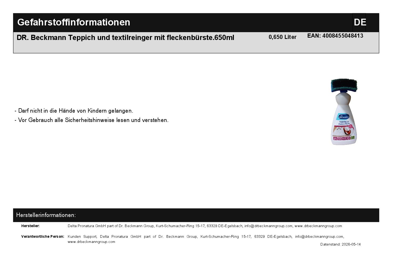 DR. Beckmann Teppich und textilreinger mit fleckenb�rste.650ml