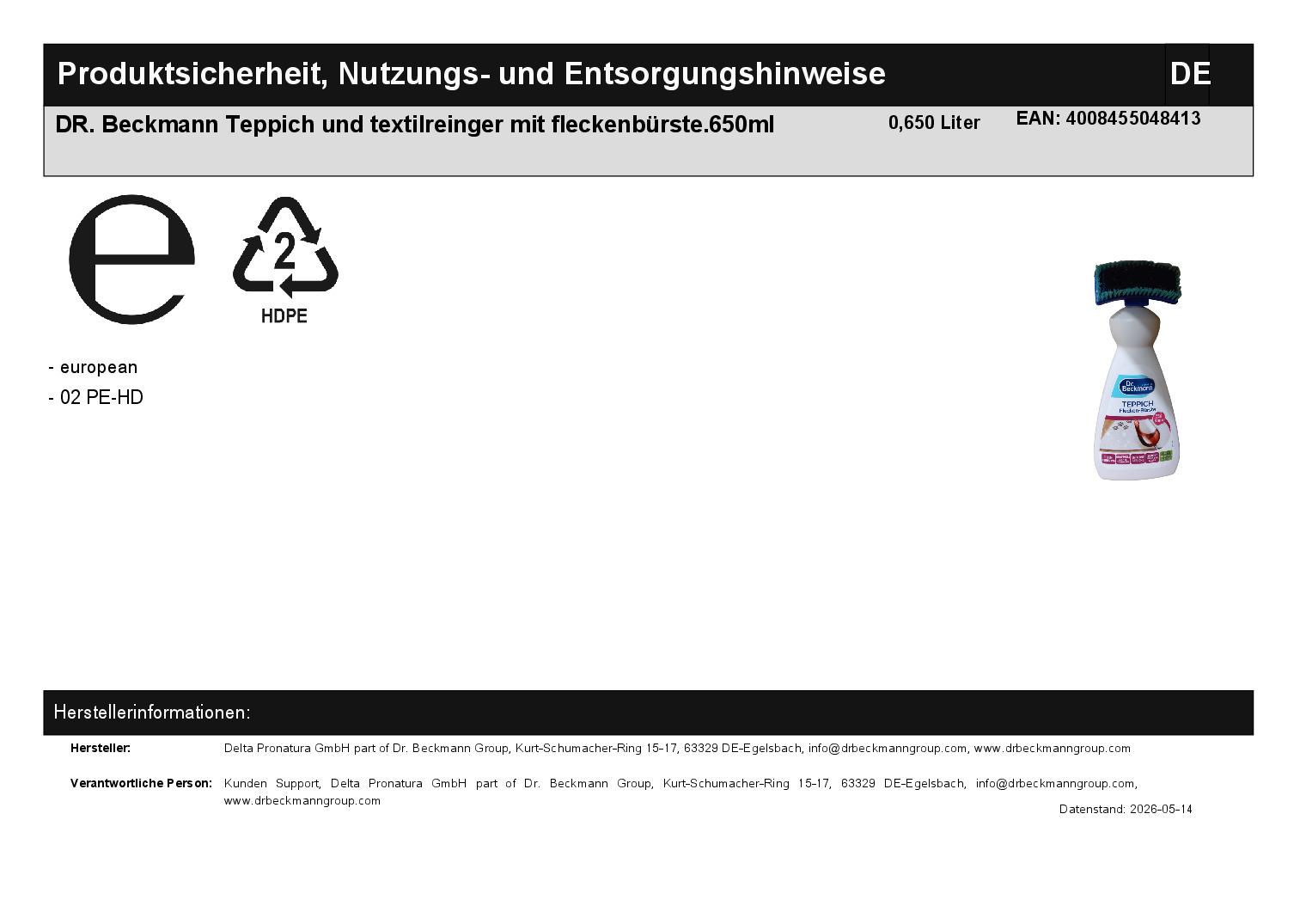 DR. Beckmann Teppich und textilreinger mit fleckenb�rste.650ml