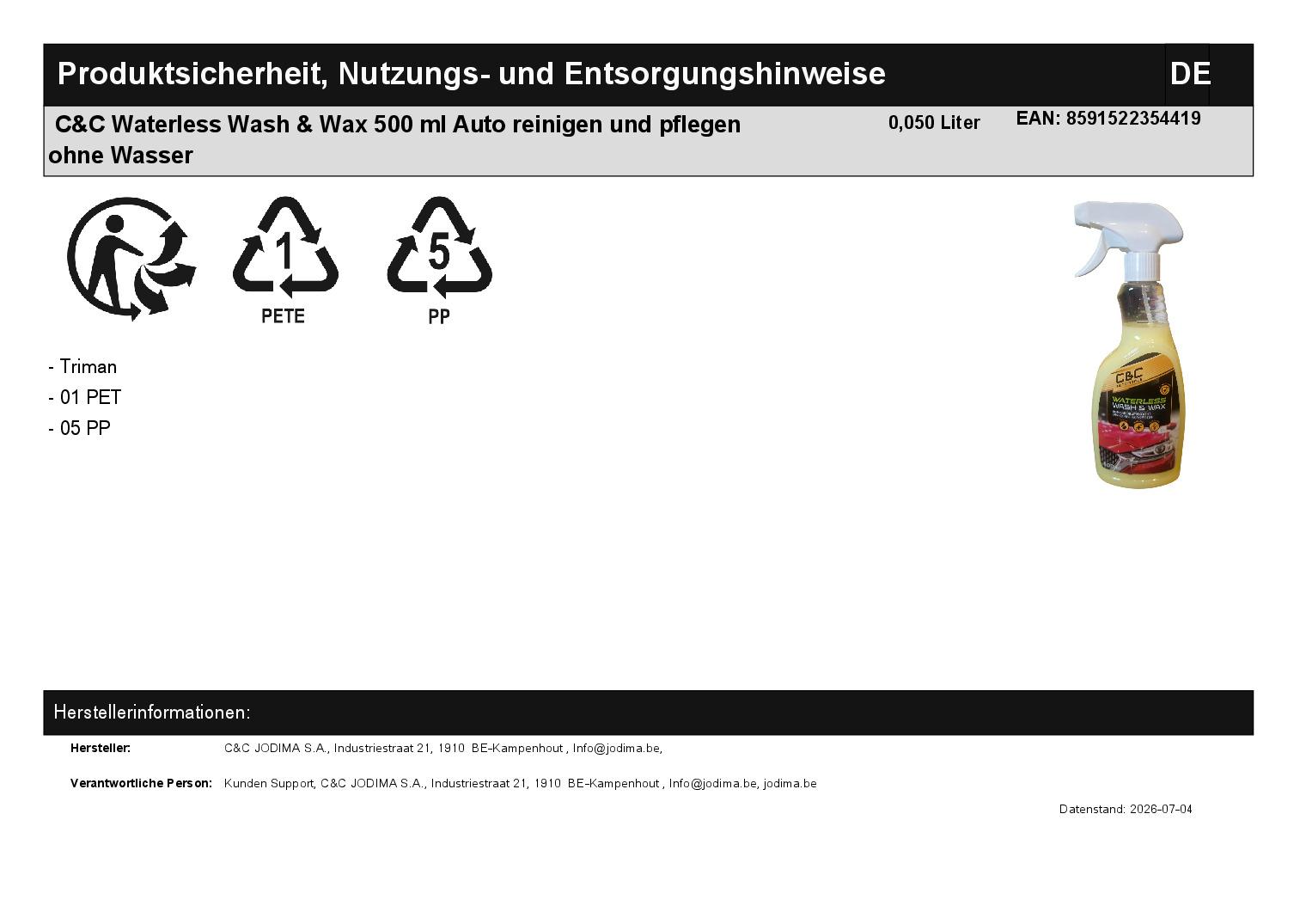 C&C Waterless Wash & Wax 500 ml Auto reinigen und pflegen ohne Wasser