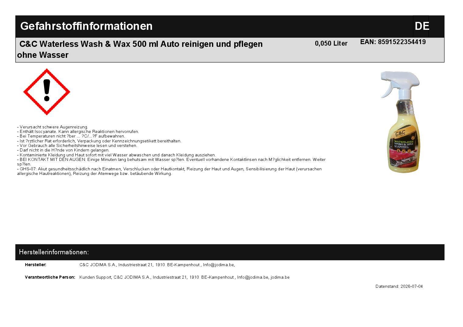 C&C Waterless Wash & Wax 500 ml Auto reinigen und pflegen ohne Wasser
