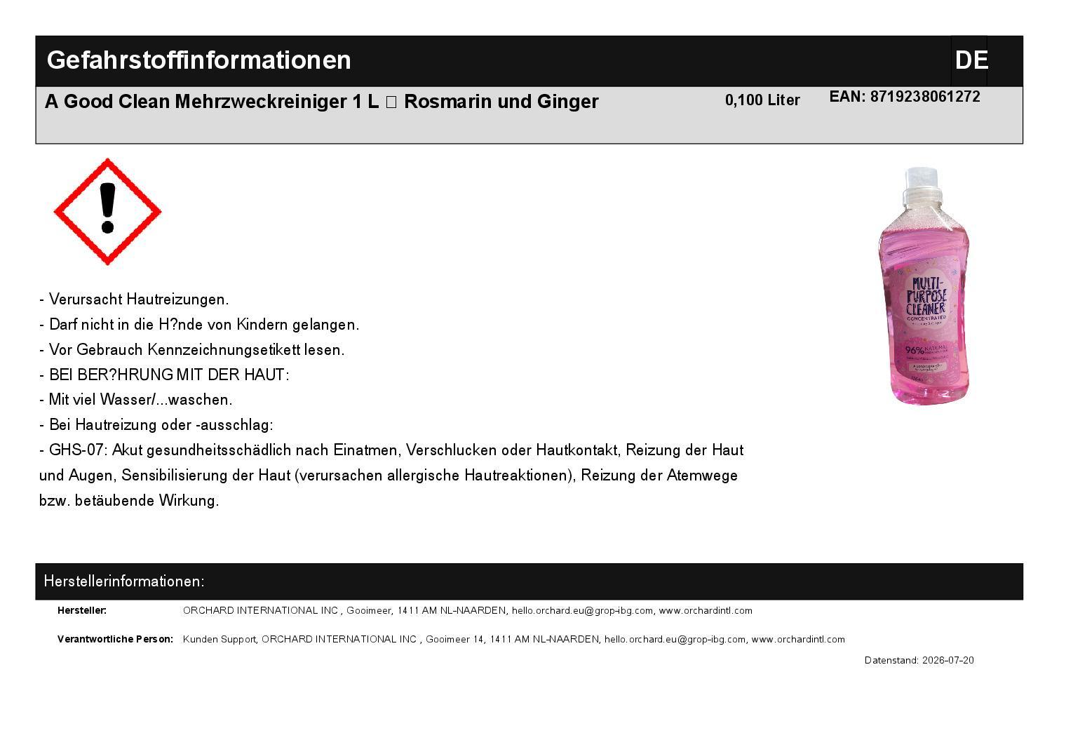 A Good Clean Mehrzweckreiniger 1 L � Rosmarin und Ginger
