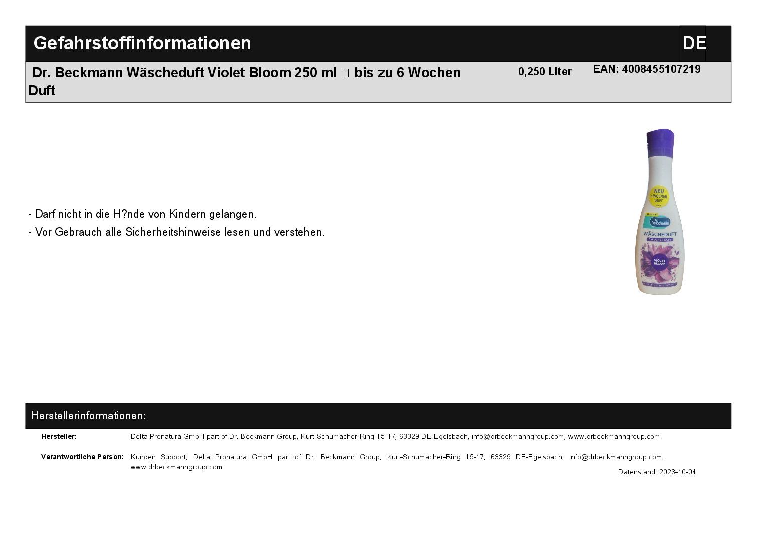 Dr. Beckmann W�scheduft Violet Bloom 250 ml � bis zu 6 Wochen Duft