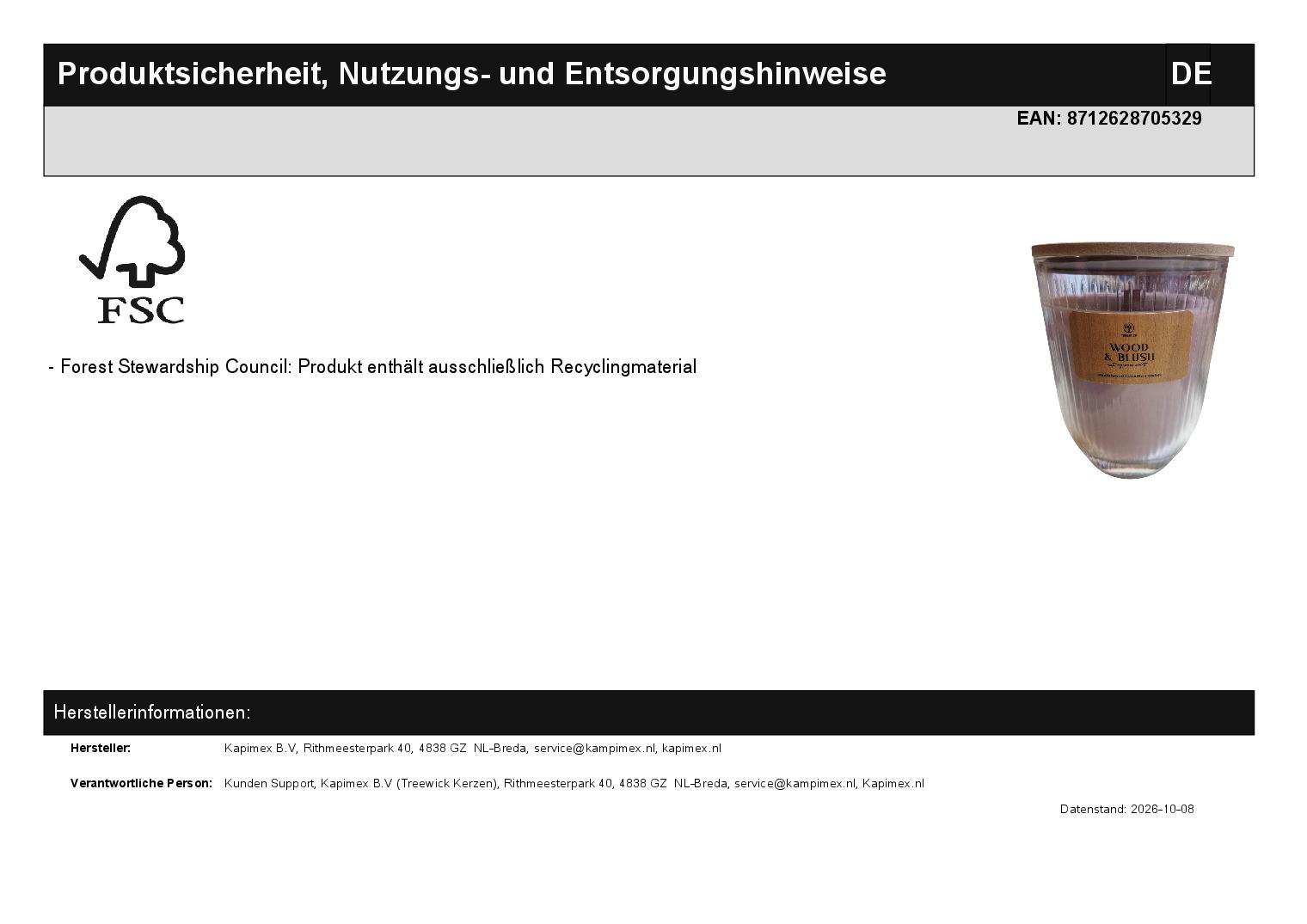 TREEWICK Wood & Blush � Produktsicherheit, Nutzung und Entsorgung